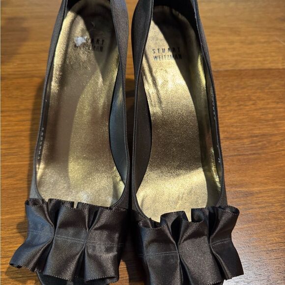 Stuart Weitzman Brown Satin Peep-Toe Heels with Ruffle - Picture 3 of 11